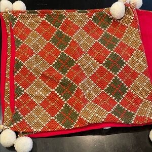 Red and green and tan Argyle pattern pillow cases with Pom Poms set of 4